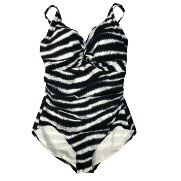 Contours Coco Reef Striped Black & White One Piece Swimsuit Twist 8 32D New - Picture 3 of 5